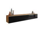P & B Lowboard D180, Eiche Wotan, Schwarz Hochglanz, Kunststoff, kaltweiß, 180x30x33 cm, Fsc, Made in EU, stehend, hängend, Beleuchtung, in verschiedenen Holzdekoren erhältlich, Wohnzimmer, Wohnwände, Lowboards, Lowboards stehend