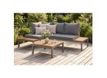 Ambia Garden Loungegarnitur, Braun, Grau, Teak, Holz, Metall, Akazie, vollmassiv, Füllung: Faserbällchen,Komfortschaum, L-Form, einzeln stellbar, 207x138 cm, Fsc, Bsci, Loungemöbel, Gartenlounge-Sets