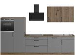 Küchenzeile WIHO KÜCHEN "Elba", grau (küche: grau, korpus: halifax eichefarben braun, arbeitsplatte: halifax eichefarben braun), B:330cm T:60cm, Komplettküchen-Sets, Küchenzeile, wahlweise mit Hanseatic E-Geräten, Breite 330 cm