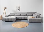 Wohnlandschaft COTTA "Orion U-Form, B: 409 cm", grau, B:409cm H:73cm T:225cm, 90% Polyester, 10% Polyamid, Sofas, Wohnlandschaft, mit Kopfteilverstellung & 6 Nierenkissen