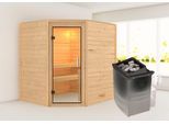 Sauna KARIBU "Mia (Fronteinstieg)", beige (naturbelassen), (ohne Ofen), Saunen, Sauna, inklusive Ofenschutzgitter und Tür, Ofen 9 kW integr. Steuerung