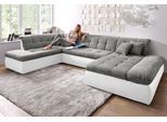 Wohnlandschaft DOMO COLLECTION "MORIC 353x216x80 cm, mit viel Platz, U-Form, auch in Cord", grau (weiß, weiß, grau), B:353cm H:80cm T:216cm, Microfaser PRIMABELLE / Struktur (90% Polyester/ 10% Polyacryl);Kunstleder SOFTLUX / Struktur (90% Polyester/ 10% Polyacryl), Sofas, Wohnlandschaft, im XXL-Format, wahlweise mit Bettfunktion und Armlehnenverstellung