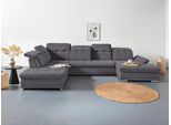 Wohnlandschaft COTTA "Holiday U-Form mit Sitztiefen-, Armteil- und Kopfteilverstellung", grau (stone), B:386cm H:86cm T:265cm, 90% Polyester, 10% Polyamid, Sofas, Wohnlandschaft, wahlweise mit Schlaffunktion & Bettkasten