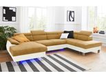 Wohnlandschaft COTTA "Komaris U-Form, B: 320 cm", beige (creme, mustard), B:320cm, Microfaser PRIMABELLE (100% Polyester);Kunstleder SOFTLUX;Feinstruktur (100% Polyester);Kunstleder SOFTLUX/Struktur (100% Polyester);NaturLEDER, Sofas, Wohnlandschaft, mit Kopfteilverstellung, optional Schlaffunktion, Bettkasten & Licht