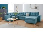 Wohnlandschaft COLLECTION AB "Paris U-Form, B: 310 cm", blau (azur), B:310cm T:212cm, Samtoptik (100% Polyester), Sofas, Wohnlandschaft, 1 Zierkissen & Federkern, optional Schlaffunktion & Bettkasten