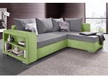 Ecksofa COLLECTION AB "John L-Form, B: 226 cm, Schlaffunktion & Bettkasten", grün (grün, grau), B:226cm H:85cm T:160cm, Zierkissen: 100% Polyester;Struktur (100% Polyester);Kunstleder SOFTLUX / Struktur (80% Polyester; 20% Polyacryl);Microfaser PRIMABELLE (100% Polyester) / Struktur (100% Polyester), Sofas, Ecksofa, Regalelement & 2 Zierkissen, Couch mit Federkern