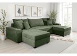 Wohnlandschaft OTTO HOME "Alexa U-Form, B: 313 cm", grün, B:313cm H:42cm T:161cm, 100%Polyester, Sofas, Wohnlandschaft, Schlaffunktion, Bettkasten & 4 Zierkissen, Federkern