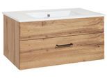 Waschtisch WELLTIME "Trento Light mit Keramik-Auflagebecken", braun (wotaneiche, wotaneiche), B:81cm H:41cm T:47cm, Holzwerkstoff, Keramik, Waschtische, Waschtisch, 1 feste Blende und 1 Auszug, Breite: 81cm, Wotaneiche