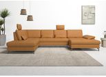 Wohnlandschaft OTTO HOME "Costello U-Form, B: 363 cm mit Sitztiefen-, Armteilverstellung &", gelb (curry), B:363cm H:89cm T:223cm, Luxus-Microfaser (90% Polyester, 10% Polyamid);Samtoptik (100% Polyester), Sofas, Wohnlandschaft, 3 Nierenkissen, optional Schlaffunktion & Bettkasten