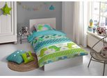 Kinderbettwäsche GOOD MORNING "Dinosaur", blau (grün, multi, blau, grau), B/L: 135cm x 200cm, 1 Stk., 1 Stk., Renforcé, B/L: 80cm x 80cm, 2 Stk., Renforcé, Obermaterial: 100% Baumwolle, Bettwäsche, Baumwolle, 135x200, Reißverschluss, Wendeoptik, Kind, Junge, Dino Grün