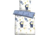 Kinderbettwäsche BIBERNA "Julien in Gr. 100x135 oder 135x200 cm, für Kinder, Kinderbettwäsche", blau (eisblau), B/L: 135cm x 200cm, 1 Stk., 1 Stk., Feinbiber, B/L: 80cm x 80cm, 2 Stk., Feinbiber, Obermaterial: 100% Baumwolle, Bettwäsche, Feinbiber kuschelig warm im Winter, Kinderbettwäsche Weltraum, Kinder