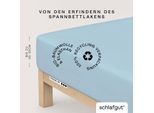 Spannbettlaken SCHLAFGUT "PREMIUM Mako-Zwirn-Jersey, 220 g/m², 95% Bio-Baumwolle, 5% Elasthan", blau (blau light), 1 Stk., Mako-Zwirn-Jersey, 140-160x200-220 30cm, Mako-Zwirn-Jersey, Obermaterial: 95% Baumwolle, 5% Elasthan, Bettlaken, Spannbettlaken, Bettlaken bis 30 cm Höhe, PREMIUM-Qualität langlebig, perfekter Sitz