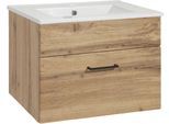 Waschtisch WELLTIME "Trento Light mit Keramik-Auflagebecken", braun (wotaneiche, wotaneiche), B:61cm H:41cm T:47cm, Holzwerkstoff, Keramik, Waschtische, Waschtisch, 1 feste Blende und 1 Auszug, Breite: 61cm, Wotaneiche