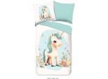 Kinderbettwäsche GOOD MORNING "One", blau (aqua), B/L: 135cm x 200cm, 1 Stk., 1 Stk., Flanell, B/L: 80cm x 80cm, 2 Stk., Flanell, Obermaterial: 100% Baumwolle, Bettwäsche, Flanell, Biber, 135x200, Warm, Wende, Mädchen, Einhorn, Weiß, Türkis