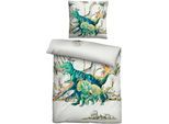Kinderbettwäsche BIBERNA "Dinos", beige (perlmutt), B/L: 135cm x 200cm, 1 Stk., 1 Stk., Linon, B/L: 80cm x 80cm, 2 Stk., Linon, Obermaterial: 100% Baumwolle, Bettwäsche, 135/200+80/80 cm, atmungsaktiv, 100% Baumwolle, Reißverschluss