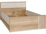 Bett FORTE "Bett mit Stauraum 2 SK, Kopfteil gepolstert", braun (mauvella eiche, kashmir beige, mauvella eiche, kashmir beige, mauvella eiche, kashmir beige), B:130cm H:84cm L:214cm, Betten, Bett, B/H/T 130/84/213 cm, in 2 Farben erhältlich