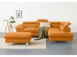 Ecksofa COTTA "Driver L-Form, B: 265 cm", gelb (amber), Sofas, B/H/T: 268cm x 73cm x 214cm, Leder PAMPAS, Ottomane rechts,mit Kopfteilverstellung,mit Bettfunktion und Bettkasten, Kunstleder SOFTLUX;LEDER BEEFY (ein abgedecktes Spalt-Rindsleder) im Sitz und Rücken (Korpus in Kunstleder);Luxus-Kunstleder;Leder Pampas (echtes Rindsleder) im Sitz und Rücken (Rückseite mit Spannstoff bezogen), Ecksofa,