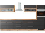 Küchenzeile KOCHSTATION "KS-Wien", schwarz (küche: grau, front: anthrazit, korpus: wotaneichefarben, arbeitsplatte: wotaneichefarben), B:340cm T:60cm, Komplettküchen-Sets, Küchenzeile, Breite 340 cm, wahlweise mit E-Geräten und Induktion