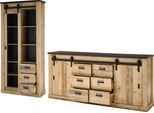 Wohnwand HOME AFFAIRE "Sherwood, Anbauwand im Industrial-Style, Komplettset, Wohnzimmer-Set", braun (old style hell dekor), B:314cm H:201cm T:43cm, Kastenmöbel-Sets, Wohnwand, enthält Vitrine und Sideboard, Scheunentorbeschlag & Apothekergriff
