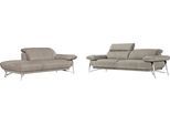 Sofa EGOITALIANO "Anais, erstklassiger Sitzkomfort, Fußfarbe chrom", grau (opal grau), Sofas, Luxus-Microfaser Lederoptik, Ottomane Armlehne rechts, Sofa, Set, Kopfteil verstellbar, Luxus-Microfaser Lederoptik, opal grau