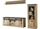 Wohnwand HOME AFFAIRE "Sherwood, Anbauwand im Industrial-Style, Komplettset, Wohnzimmer-Set", braun (old style hell dekor), B:233cm H:170cm T:43cm, Kastenmöbel-Sets, Wohnwand, enthält Regal, Lowboard &Wandboard, Scheunentorbeschlag Apothekergriff