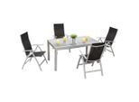 Gardenson , Schwarz, Silberfarben , Metall, Glas, Textil , Tisch ausziehbar, Stuhl klappbar, Tisch mit Glasplatte ,