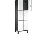 C+P Schliessfachschrank Cambio, 2 Abteile, 6 Fächer, auf Füssen, B 600 x T 525 x H 1980 mm, schwarzgrau/weiss