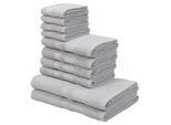 Handtuch Set OTTO HOME "Vanessa, 10-tlg Handtuch-Set, weich, in Standard- und Premium-Qualität", grau (hellgrau), 10 tlg., Standard (420g/m²), Walkfrottee, Walkfrottee, Obermaterial: 100% Baumwolle, Handtuch-Sets, Handtuch Set, 100% Baumwolle, Duschtücher, Handtücher, Gästetücher, mit Bordüre, Topseller