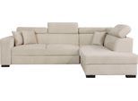 Ecksofa HOME AFFAIRE "Tulio bequem, bewährte Wellenunterfederung, Breite 267cm, L-Form", beige (cream), B:267cm H:95cm T:198cm, Struktur fein (100% Polyester);Struktur (100% Polyester);Samtstruktur (100% Polyester), Sofas, Ecksofa, wahlweise mit Bettfunktion und Bettkasten, incl. 3 Zierkissen