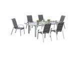 Gardenson , Anthrazit, Silberfarben , Metall, Glas, Textil , Tisch ausziehbar, Stühle stapelbar ,