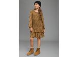 Smokkleid BRUNO BANANI "Viskose-Kleid in Allover-Design und Smoke-Effekt", Mädchen, Gr. 164/170, N-Gr, beige (karamell gemustert), Jersey, Obermaterial: 95% Viskose, 5% Elasthan, bedruckt, schmal kniefrei, Rundhals, Puffärmel mit innenliegendem Gummizug, Kleider Smokkleid, Weichfallendes Viskose-Kleid für Mädchen, kniefrei, mit Volants