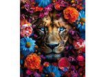 Leinwandbild BÖNNINGHOFF "Wandbild LÖWE BLUMENKRANZ XXL 118x140 cm – Leinwandbild Keilrahmen", braun (farbe bild(er): braun, blau, gelb, orange, lila), B:118cm H:140cm T:4,3cm, Canvas, MDF, Bilder, Leinwandbild, auf Keilrahmen gespannt