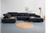 Wohnlandschaft COTTA "Orion U-Form XXL, B: 409 cm, bequeme Wellenunterfederung, top modern", schwarz, B:409cm H:73cm T:225cm, 90% Polyester, 10% Polyamid, Sofas, Wohnlandschaft, mit Kopfteilverstellung & 6 Nierenkissen