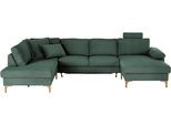 Wohnlandschaft 3C CANDY "Lecce, wahlweise PUR-Schaumstoff oder Tonnentaschenfederkern U-Form", grün, B:339cm H:86cm T:220cm, 95% Polyester, 5% Nylon, Sofas, Wohnlandschaft, Bettkasten in Umbauecke und Longchair, sowie Querschläfer im 2-Sitzer