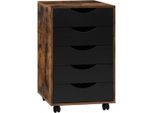Woltu Rollcontainer, Dunkelbraun, Schwarz, Holzwerkstoff, 5 Schubladen, Rechteckig, 40x66.5x40 cm, Arbeitszimmer, Container
