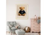 Bild mit Rahmen QUEENCE "Vintage Polo Teddy Bär mit Krawatte", gold (farbe rahmen: beige, farbe bild(er): blau), B:40cm H:50cm T:1,5cm, Acrylglas, Holzrahmen, Bilder, Bild mit Rahmen, HD Premium Poster-Druck inkl. Echtholzrahmen in beige