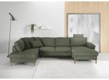 Wohnlandschaft 3C CANDY "Lecce, wahlweise PUR-Schaumstoff oder Tonnentaschenfederkern U-Form", grün (oliv), B:339cm H:86cm T:220cm, 95% Polyester, 5% Nylon, Sofas, Wohnlandschaft, Bettkasten in Umbauecke und Longchair, sowie Querschläfer im 2-Sitzer