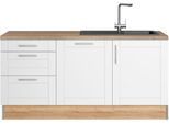 Küche OPTIFIT "Ahus", weiß (küche: weiß, front: weiß matt, korpus: wildeichefarben, arbeitsplatte: eichefarben struktur), B:180cm H:90,8cm T:60cm, Komplettküchen-Sets, Küche, 180 cm breit, wahlw.mit E-Geräten, Soft Close Funktion, MDF Fronten