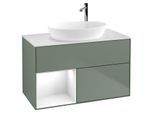 Villeroy und Boch Finion Waschtischunterschrank F891GFGM 100cm, Abdeckplatte white matt, Regale Glossy white lacquer, Olive Matt Lacquer