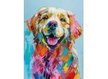 Leinwandbild BÖNNINGHOFF "Wandbild HUND GOLDEN RETRIEVER 46x61 cm – Leinwandbild Keilrahmen Deko", blau (farbe bild(er): blau, pink, gelb), B:46cm H:61cm T:1,8cm, Canvas, MDF, Bilder, Leinwandbild, auf Keilrahmen gespannt