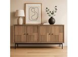 Sideboard SIT "Chambéry aus Mangoholz mit 4 Türen & dekorativer Lamellenfront", braun (natur, schwarz), B:160cm H:80cm T:40cm, Massivholz, Metall, Sideboards, Sideboard, Kunstvolle Holzschnitzereien mit schwarzen Griffen als Kontrast