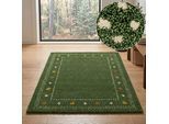 Wollteppich THEKO "Gabbeh Bordüre, Handgefertigt, Teppich, Tiermotiv, reine Wolle", grün, B:290cm H:14mm L:390cm, Wolle, Teppiche, Wollteppich, Wohnzimmer, Schlafzimmer, Esszimmer