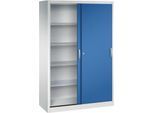 C + P Schiebetüren-Werkzeugschrank Acurado, B 1200 x T 500 x H 1950 mm, je Fachboden 70 kg, Stahl, lichtgrau/enzianblau