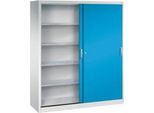 C + P Schiebetüren-Werkzeugschrank Acurado, B 1600 x T 500 x H 1950 mm, je Fachboden 70 kg, Stahl, lichtgrau/lichtblau
