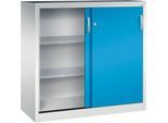 C + P Schiebetüren-Werkzeugschrank Acurado, B 1200 x T 500 x H 1200 mm, je Fachboden 70 kg, Stahl, lichtgrau/lichtblau