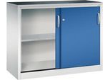 C + P Schiebetüren-Werkzeugschrank Acurado, B 1200 x T 500 x H 1000 mm, je Fachboden 70 kg, Stahl, lichtgrau/enzianblau