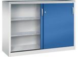 C + P Schiebetüren-Werkzeugschrank Acurado, B 1600 x T 500 x H 1200 mm, je Fachboden 110 kg, Stahl, lichtgrau/enzianblau
