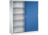 C + P Schiebetüren-Werkzeugschrank Acurado, B 1600 x T 500 x H 1950 mm, je Fachboden 70 kg, Stahl, lichtgrau/enzianblau