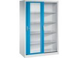 C + P Schiebetüren-Werkzeugschrank Acurado, mit Sichtfenster, B 1200 x T 600 x H 1950 mm, lichtgrau/lichtblau
