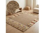 Wollteppich THEKO "Gabbeh Rahmen, reine Wolle, Handgefertigt, mit Bordüre", beige (braun), B:160cm H:14mm L:230cm, Wolle, Teppiche, Wollteppich, Tiermotiv, Wohnzimmer, Schlafzimmer, Esszimmer